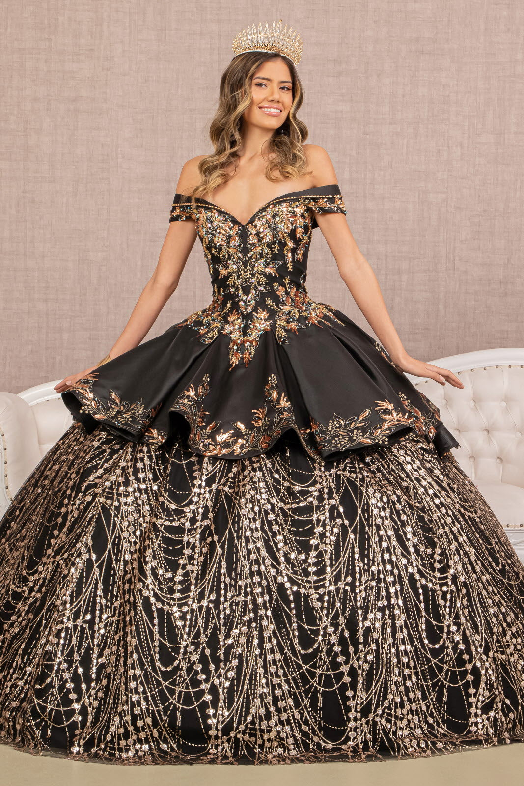 2 Piece Off Shoulder Black Gold Quince Ball Gown by Elizabeth K GL3098 - Black/Gold / XS 2 Piece Off Shoulder Black Gold Quince Ball Gown by Elizabeth K GL3098 - Black/Gold / XS