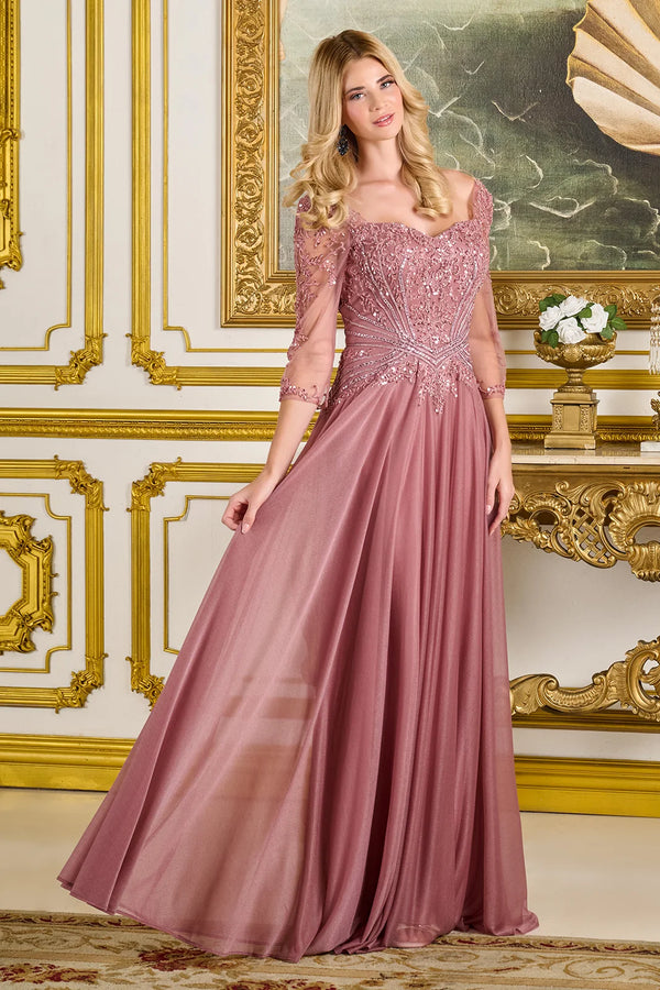 hq fashion dress Taupe Mother Of The Bride Dress Lace Top Off the Shoulder Chiffon Mock main image 1