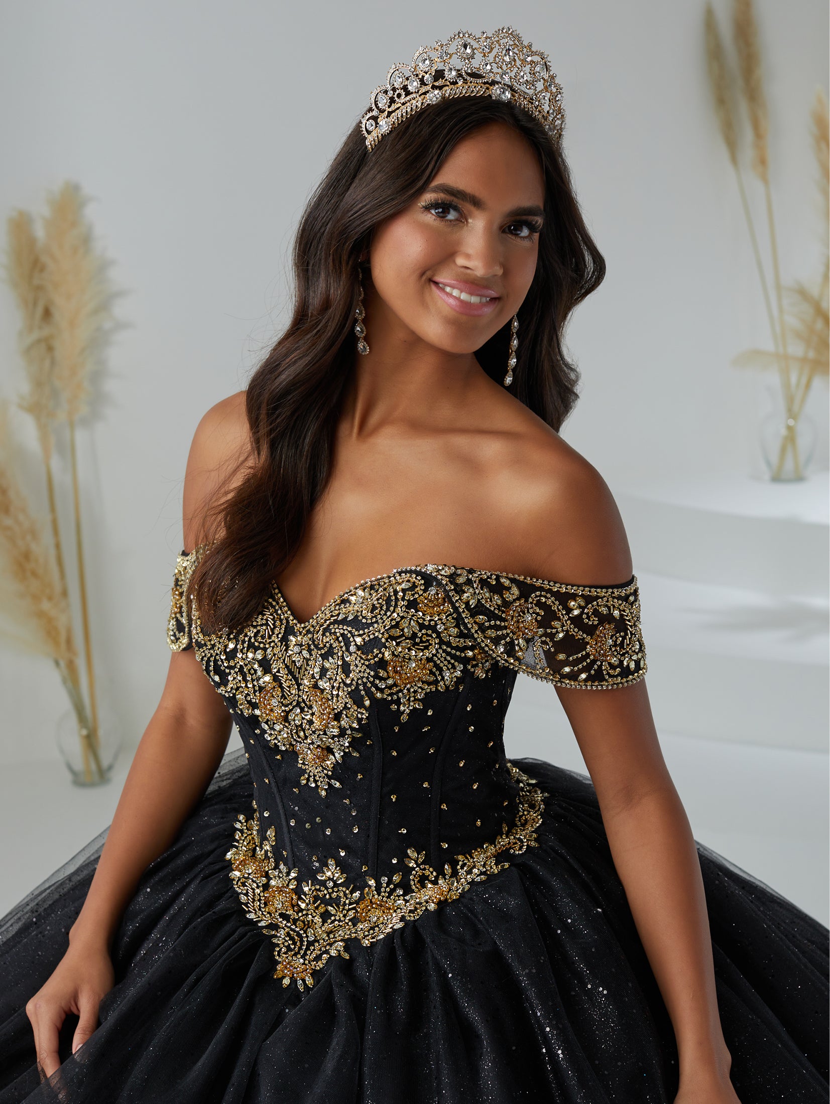 black and gold quince dress Butterflies 3D Flowers Quinceanera Dresses Ball Gown Crystal Sweet 16 This amazing full ballgown showcases a modest scoop neckline paired with off the shoulder cap sleeves that feature draping fringe Black Quinceanera dresses