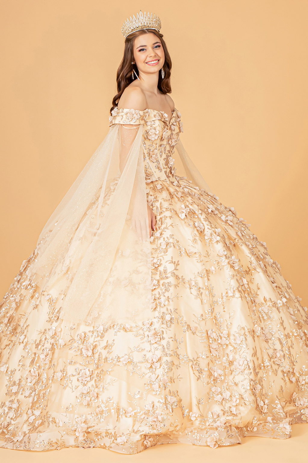 Cape Sleeve Ball Gown Off The Shoulder Quinceanera Dress by Elizabeth K GL1970 L / Champagne Cape Sleeve Ball Gown Off The Shoulder Quinceanera Dress by Elizabeth K GL1970 L / Champagne