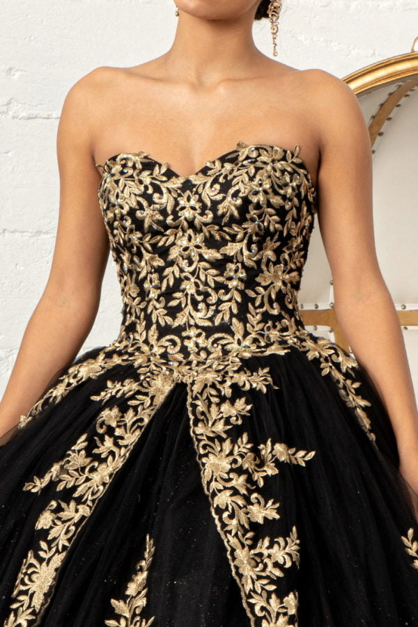 Long Ball Gown Strapless Mesh Cape Quinceanera Dress - Black / XS Long Ball Gown Strapless Mesh Cape Quinceanera Dress - Black / XS
