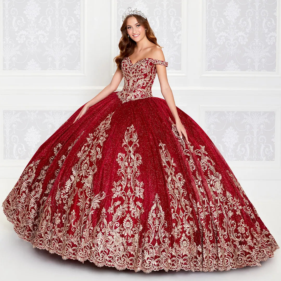 wine and gold quinceanera dresses PR12264 Princesa Quince Dress with Glitter Tulle Wine/Gold / 00